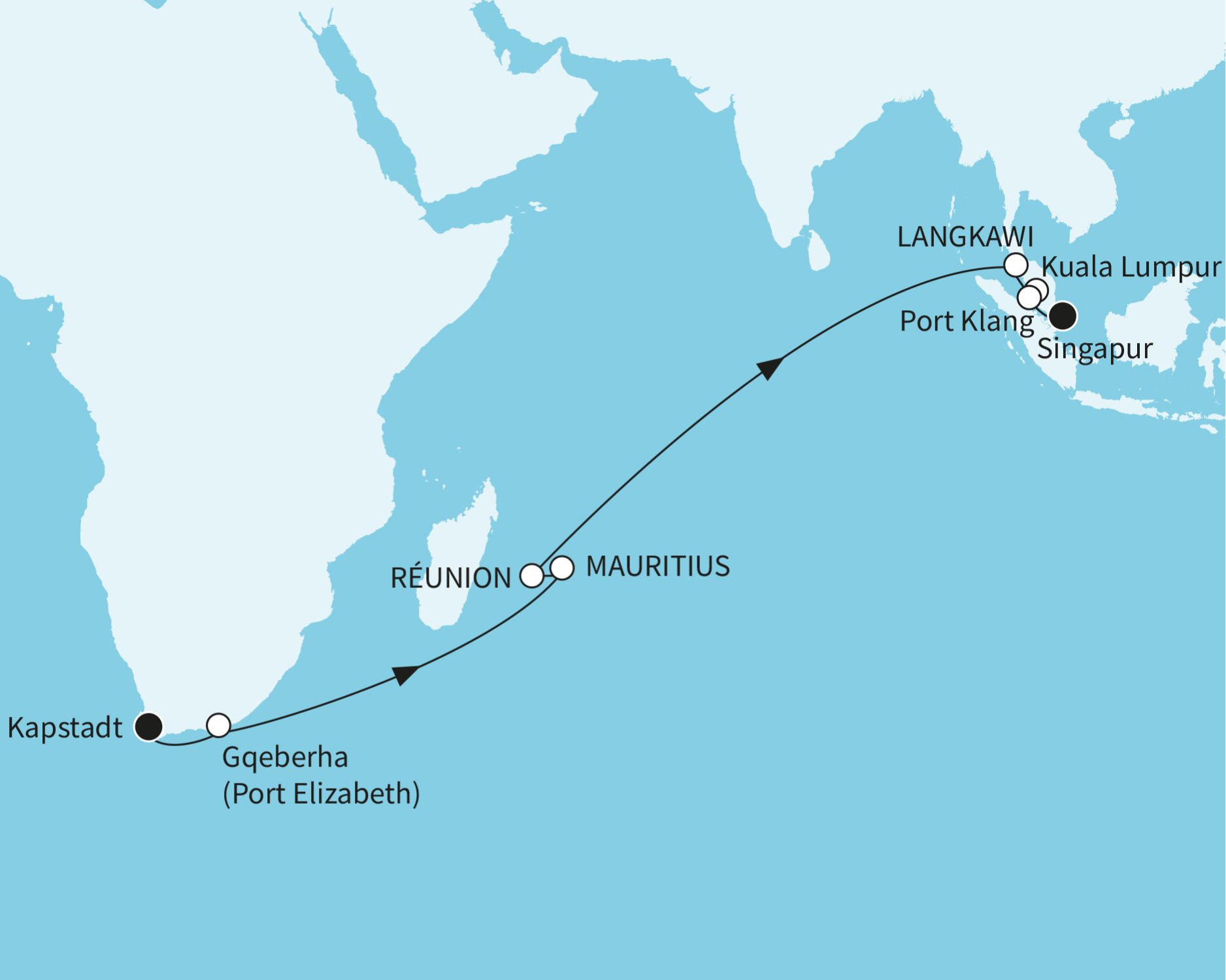 Indischer Ozean mit Mauritius - Die Route